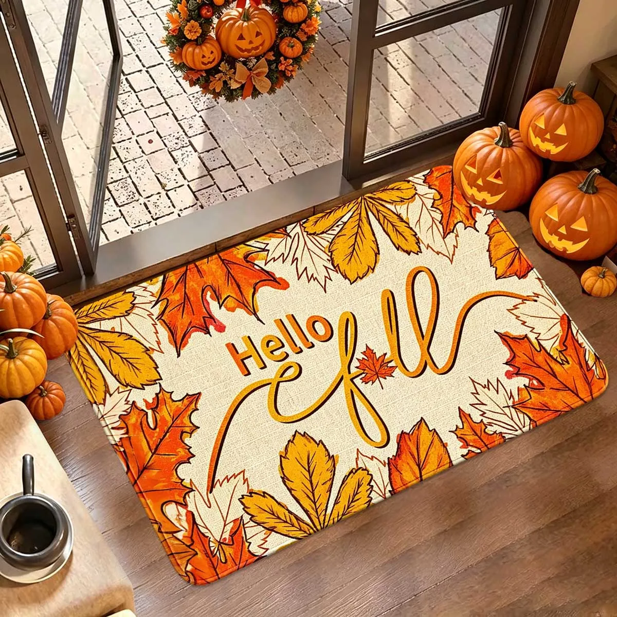 1 orange maple leaf border English square door mat for home autumn harvest, gentle atmosphere decoration mat