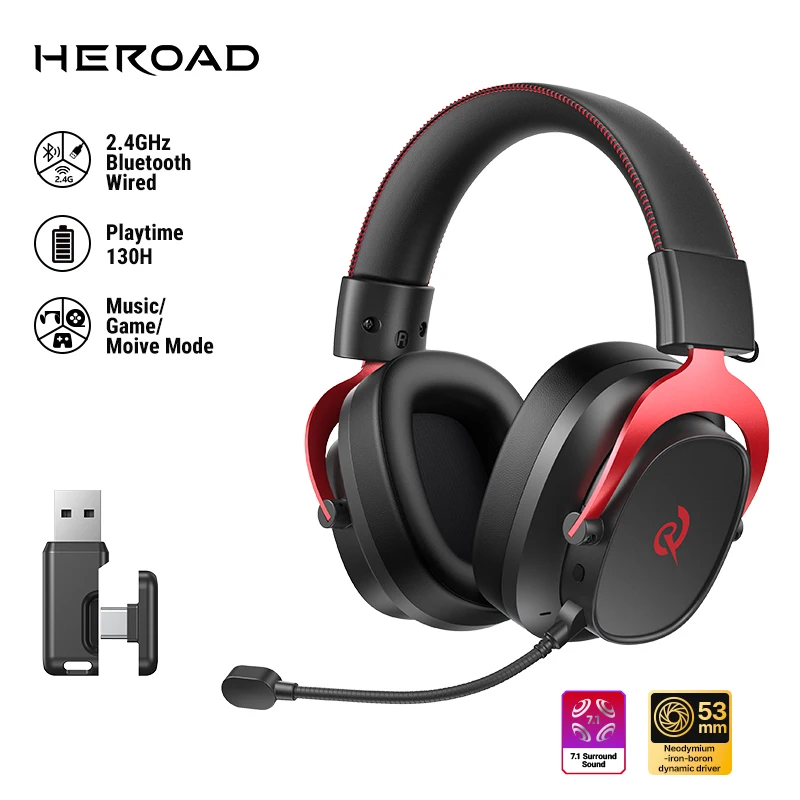 

QCY Heroad VT200 Gaming Headphone H8GM Tri-Mode Over Ear Headset 7.1 Surround 53mm Driver BT6.0 Detachable Mic for PC/PS5/Switch
