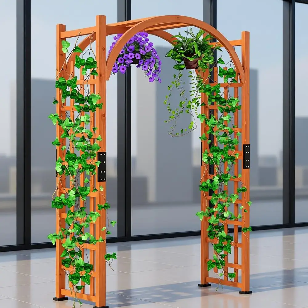 

84 Inch Outdoor Archway Pergola with Decorative Hanging Roof & Side Climbing Trellis, Garden Arch for Climbing Plants, Wedding C