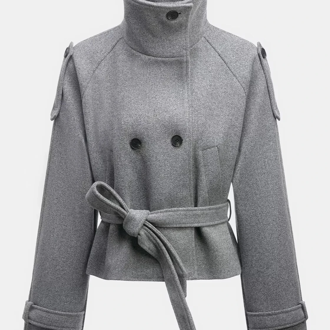 Women's Casual Fashion Simple Stand Collar Long Sleeve Double Breasted Short Wool Coat with Belt Warm Elegant Autumn Winter Oute