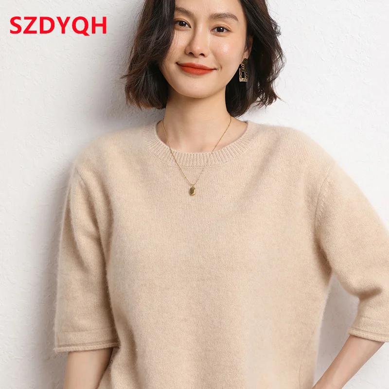 Hot Sale 100% Cashmere Sweaters Women\'s Loose Large Size Pullovers Autumn Female Casual Clothing Short Sleeve Soft Jumper Tops