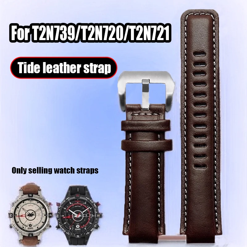 Cow Leather Strap For Timex Tide compass Watchband T2n739 T2n720 T2n721 Brown cowhide Watch Chain 24*16mm men's Raised Bracelet