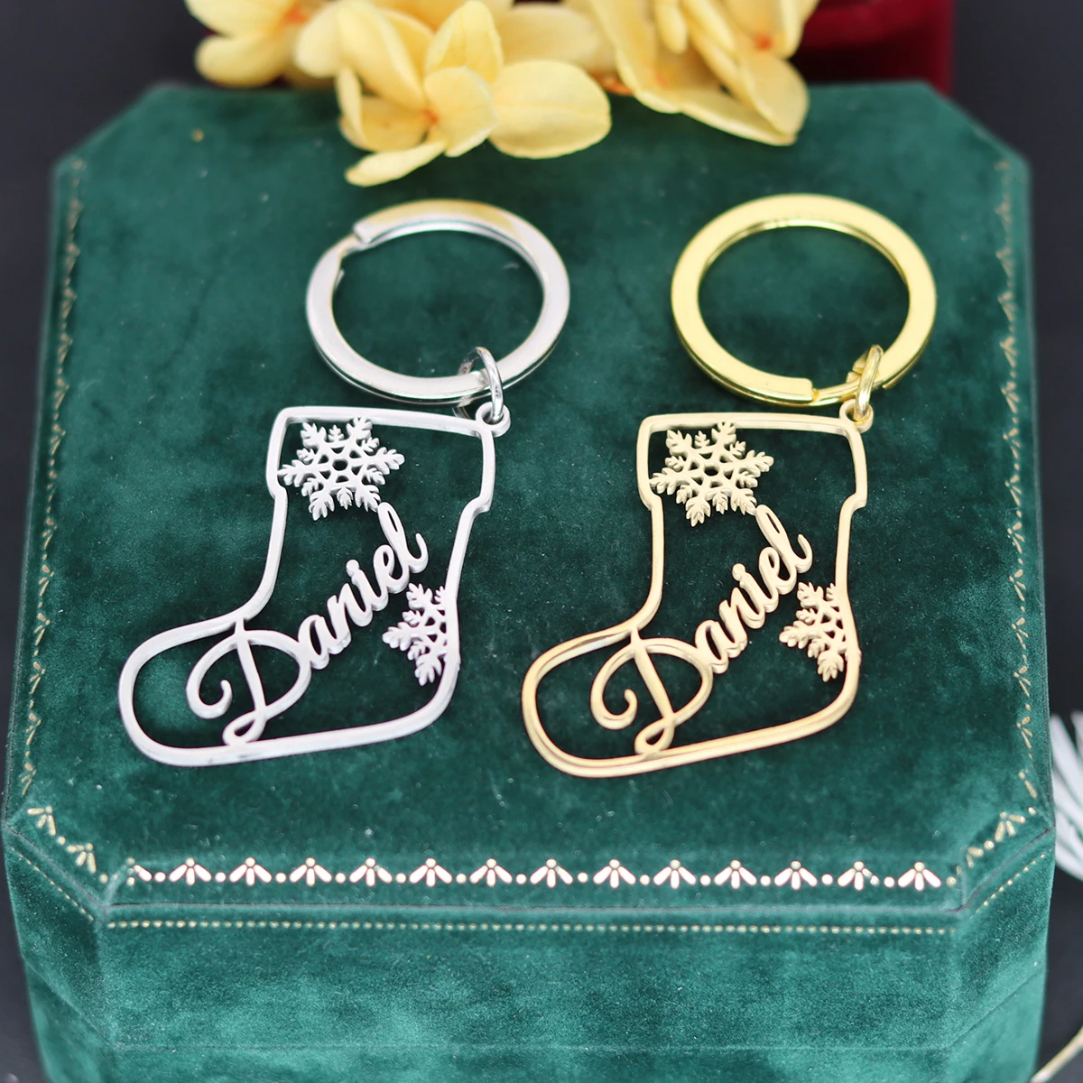 QIAMNI Personalized Christmas Engraved Name Keychain Custom Xmas Nameplate Stocking Key Chain Stainless Steel Ornament Keyring