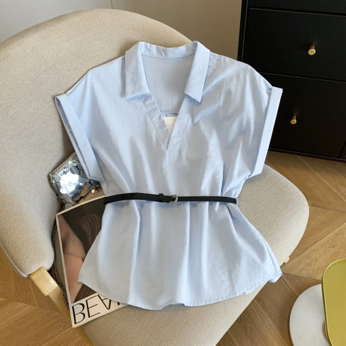 

Slimming Effect Short Sleeve Collar Shirt Women's Summer Fashion Design Waist-Cinching Korean Style Top Casual Wear