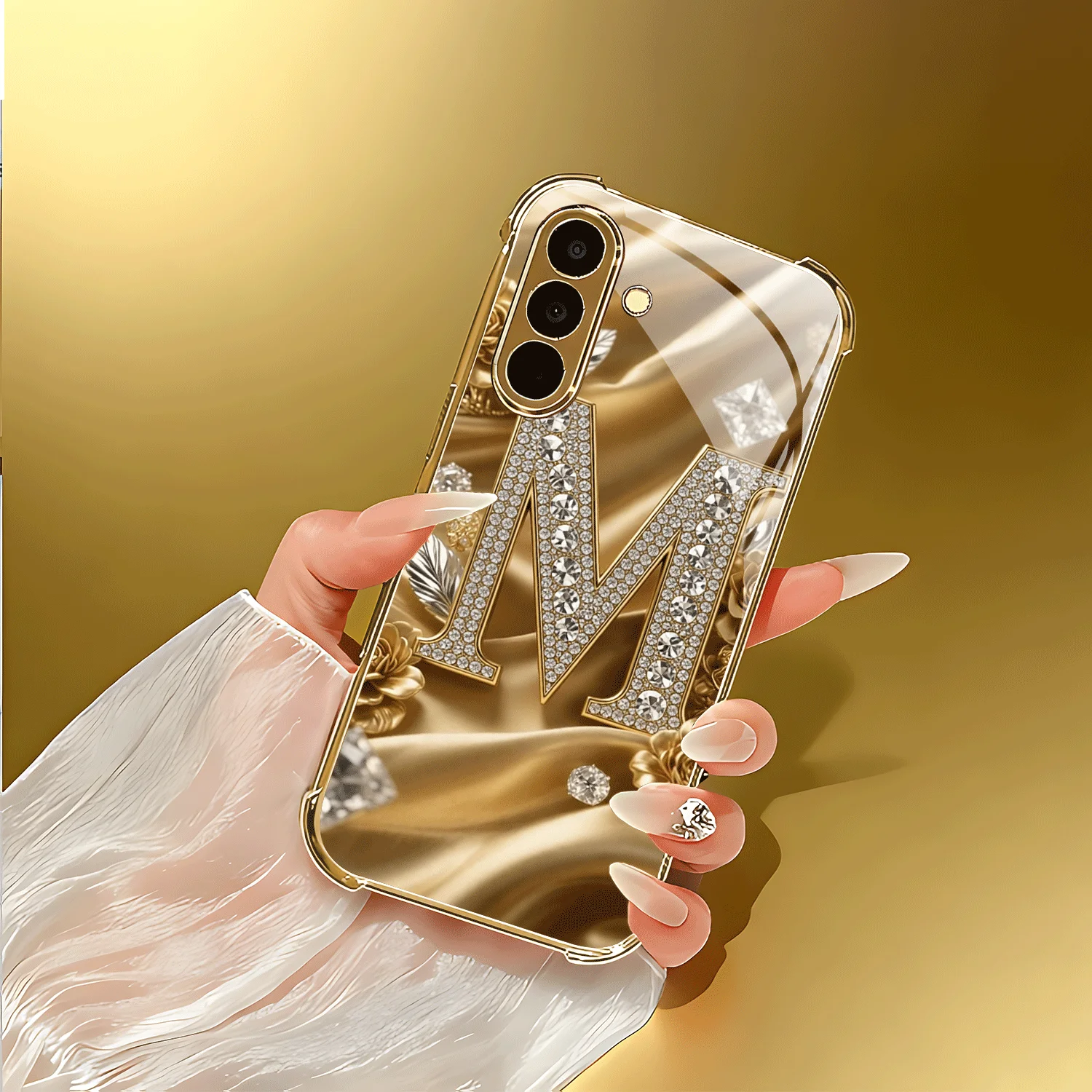 Złote etui na telefon z diamentami i złotym wzorem w kształcie litery M, wykonane ze złotego szkła, do Samsung Galaxy S26/22/23/24/25 PLUS/24/25 ULTRA/26 — zdjęcie produktu 6