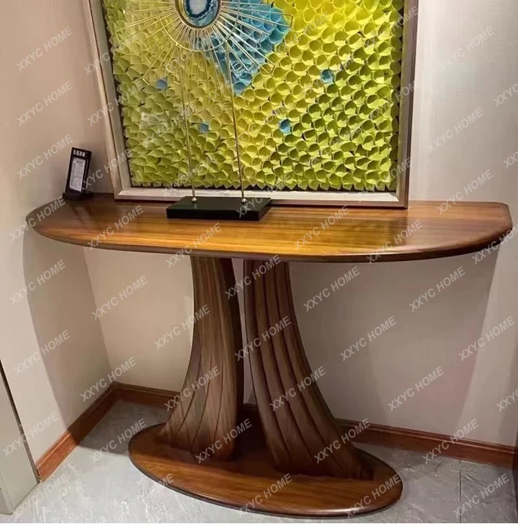 

XX New Chinese-style walnut strip table modern simple entrance foyer wall end view table solid wood arc