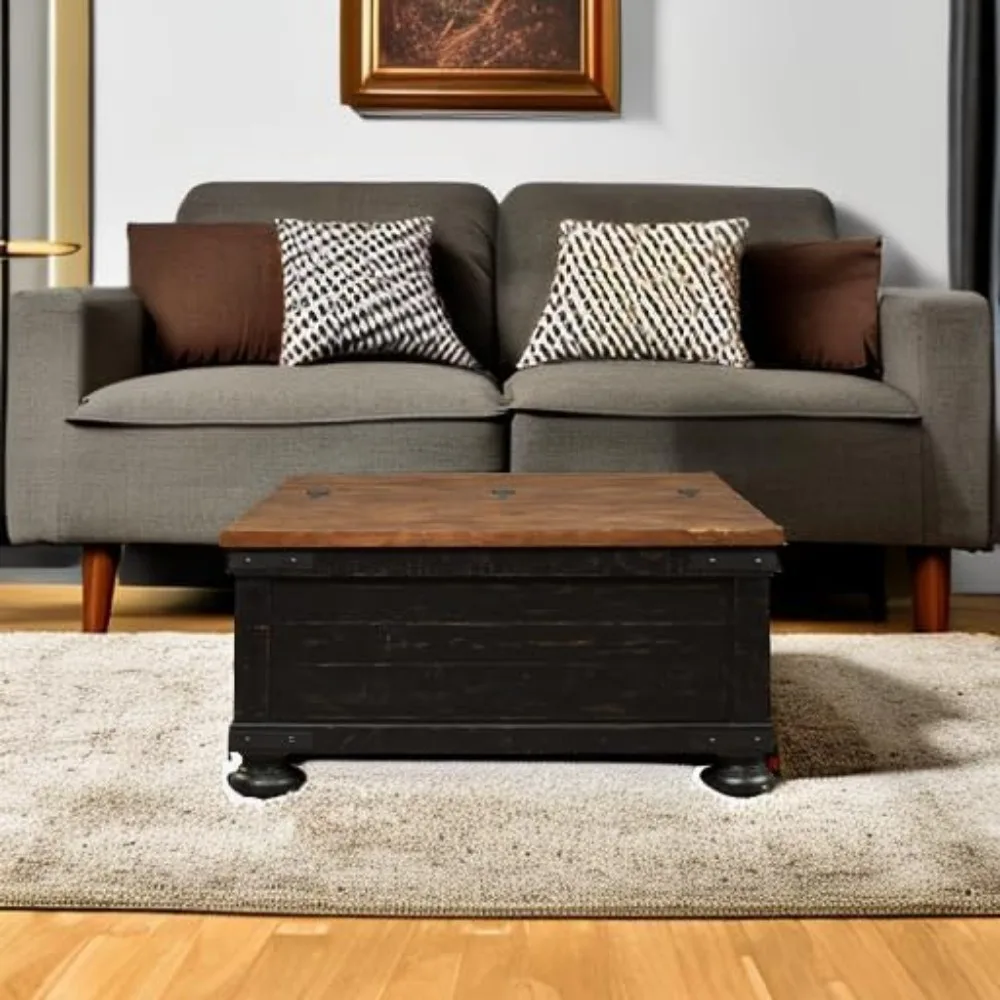 

Farmhouse Square Storage Coffee Table with Hinged Lift Top, The Table Is Made of Veneers, Wood and Engineered Wood