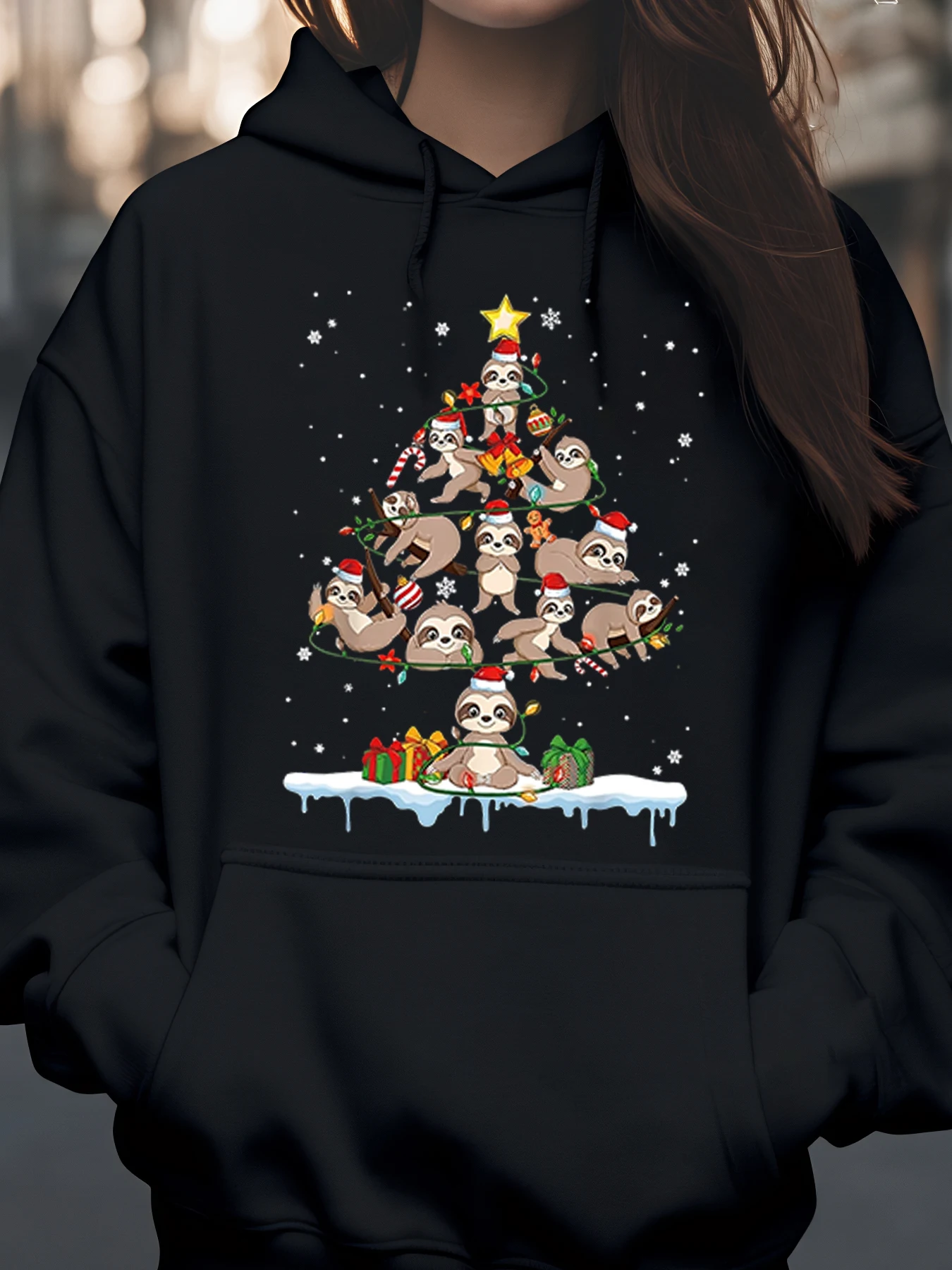 

Праздничная толстовка с принтом ленивца и рождественской елки, уютная зимняя одежда для женщин и мужчин