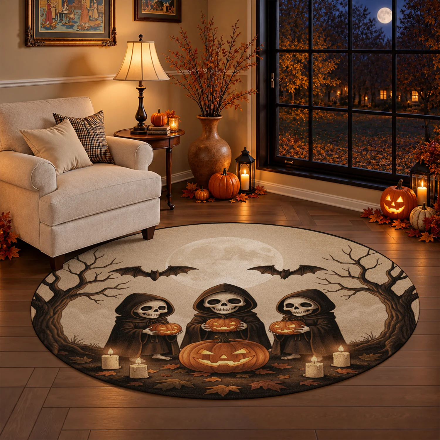 Halloween Autumn Night Skull Reaper Jack-o-Lantern Bat Round Floor Mat Soft Velvet Machine Washable Stable Entryway Living Room Bedroom Kitchen Decor for Halloween Thanksgiving Christmas New Year Black Friday Cyber Monday