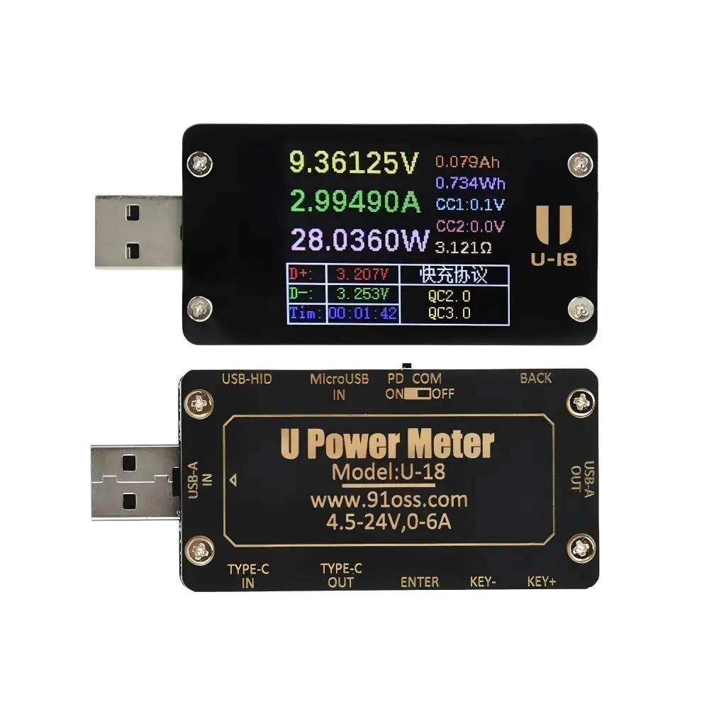6.5A Multifunctional USB Voltage Ammeter Power Meter Tester Fast Charge 1.77 Inch HD Display PD QC 3.0 Current Tester
