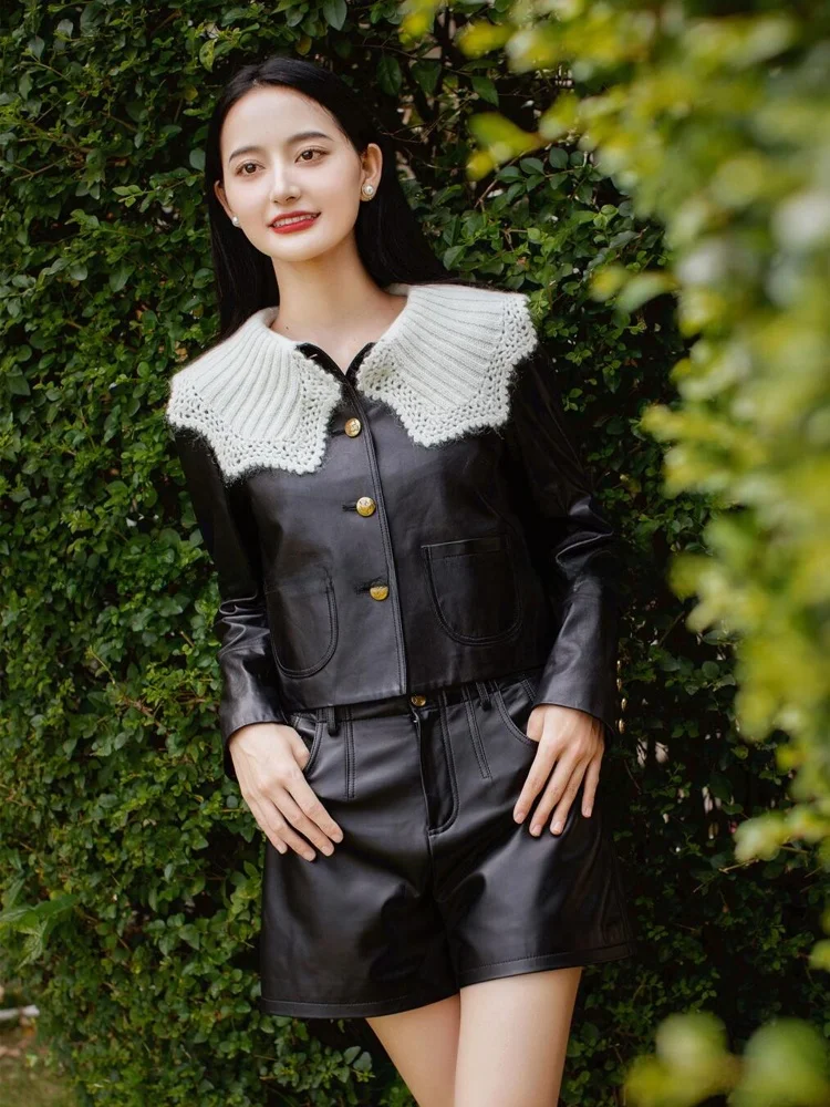 معطف Jaet للسيدات بتصميم ريترو من Faionable مع ياقة Lotus Le من الجلد الفاخر عالي الجودة وصل حديثًا للربيع