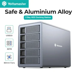 Yottamaster 5-Schacht-Festplattengehäuse USB3.1 (GEN2) Typ-C Externes Festplattengehäuse unterstützt 2,5 Zoll/3,5 Zoll SATA SSD 80 TB Datenspeicherung