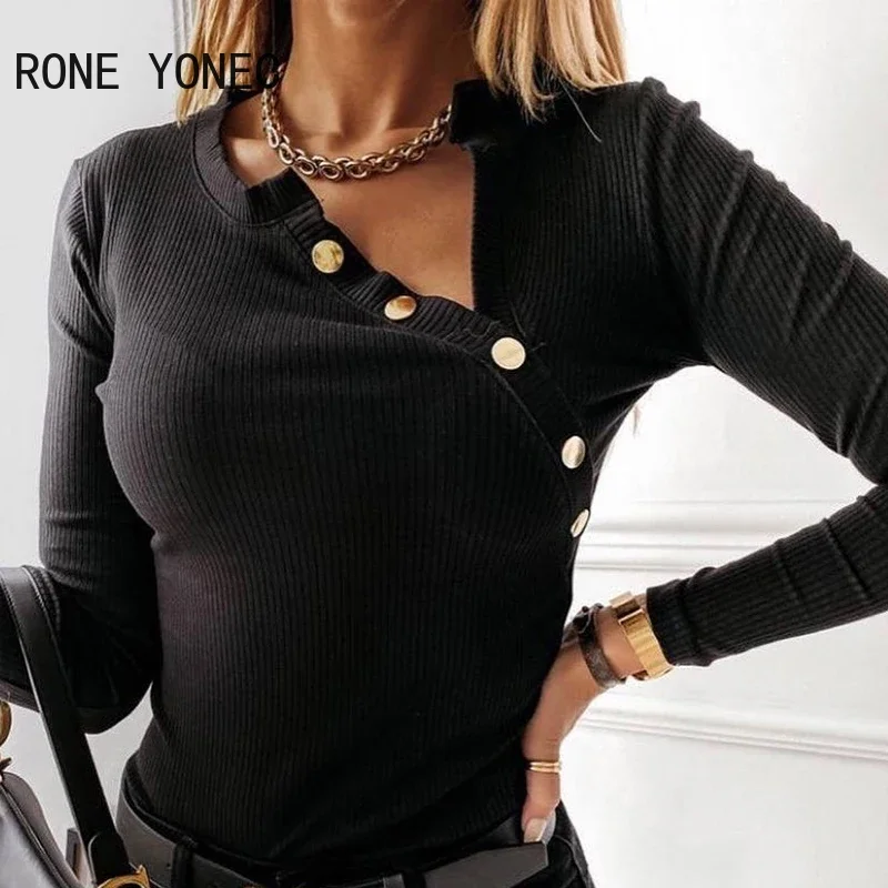 Women Chic Solid Basics Button collar  Long Sleeves Basics Blouse knitting Tops