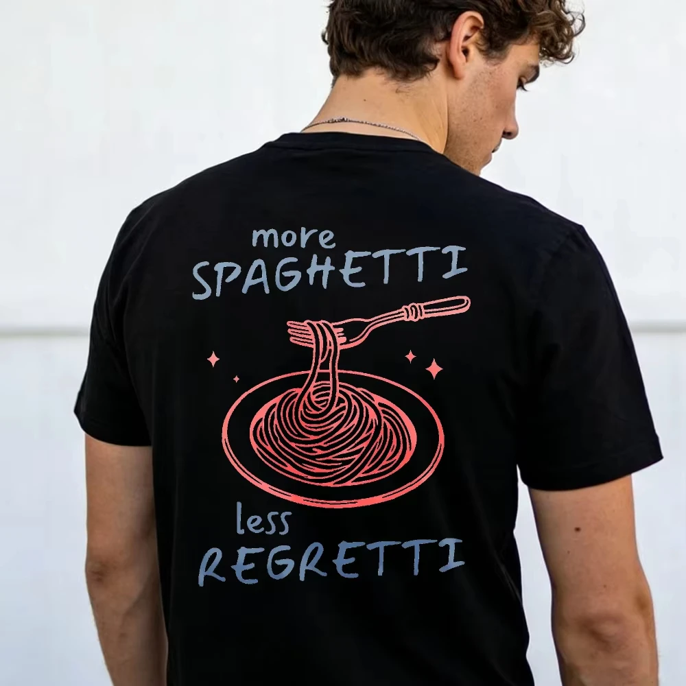 Funny Spaghetti Foodie Graphic Tee More Pasta Less Regret Funny Outdoors High Quality Cotton Short-sleev Breathable Men Clothing