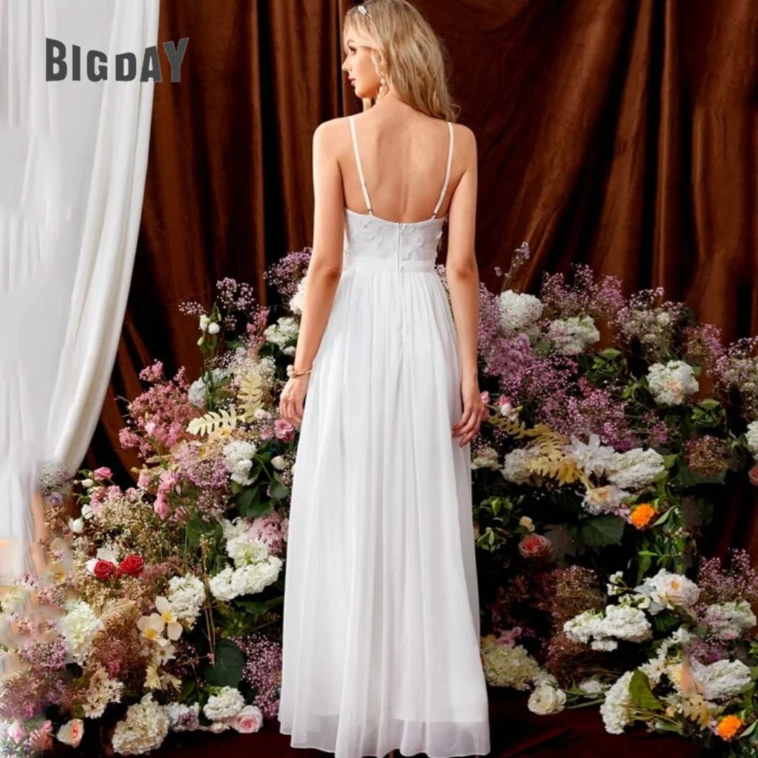 Exquisito Vestido de Novia para mujer, traje de Novia con escote en V, tirantes finos, sin mangas, corte en a lateral, personalizado, 2024