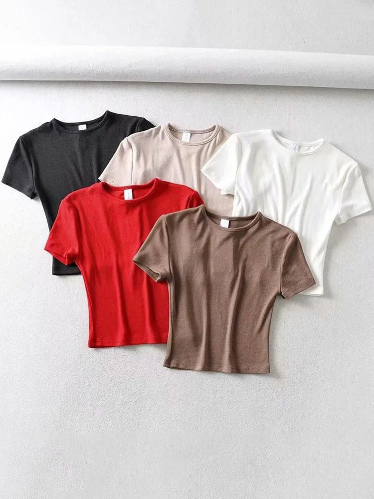 Summer Woman Slim Fit t-shirt tight Cotton Short-Sleeve O-neck tee Crop Tops