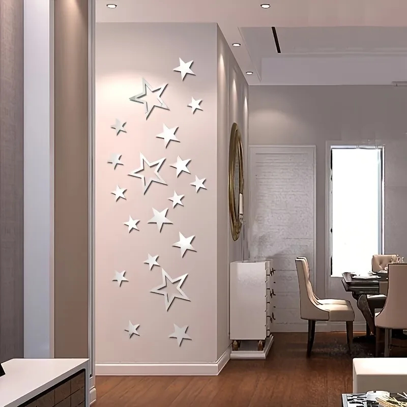 32Pcs 3D Mirror Wall Stickers Star Shape Mirror Stickers Acrylic Stars Mirrored Decals Room Home Wallpaper Home Decorations Arts