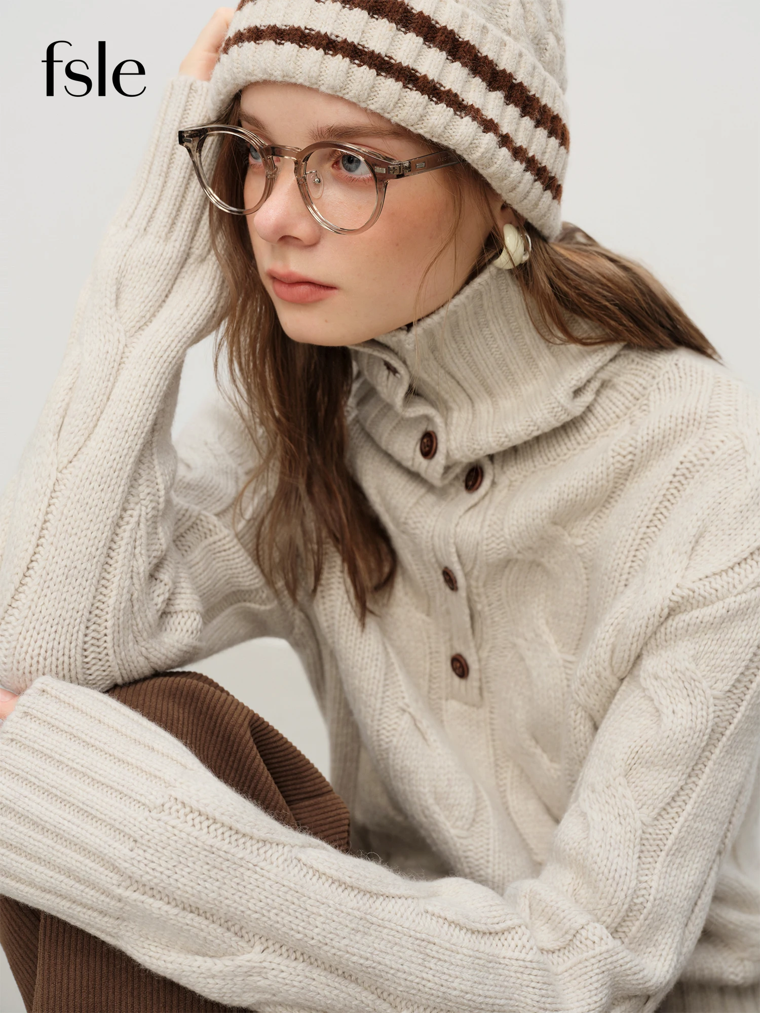 

FSLE двусторонний вязаный свитер с отложным воротником и цветочным принтом для женщин, зима 202, Новое поступление, слегка оверсайз, свитера, пуловеры