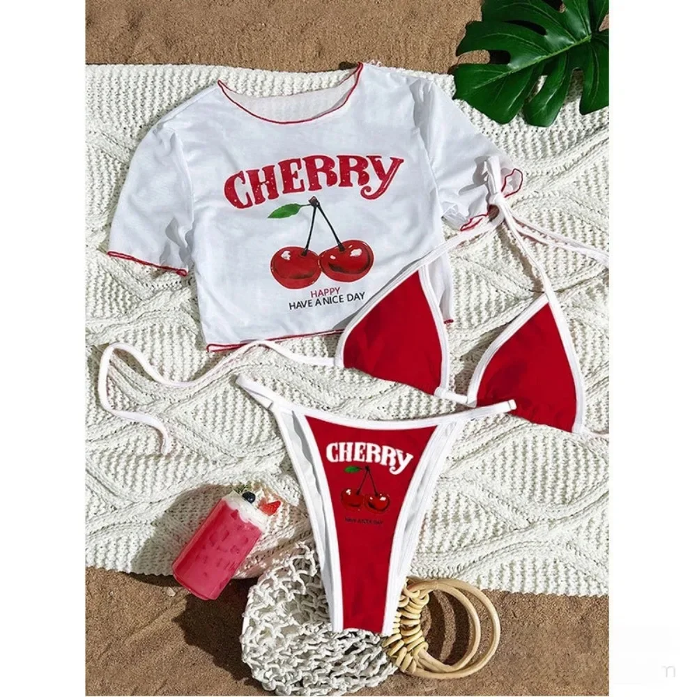 

2026 New Printed Top Mesh Blouse Split Sexy Three-Piece Bikini Swimsuit Women