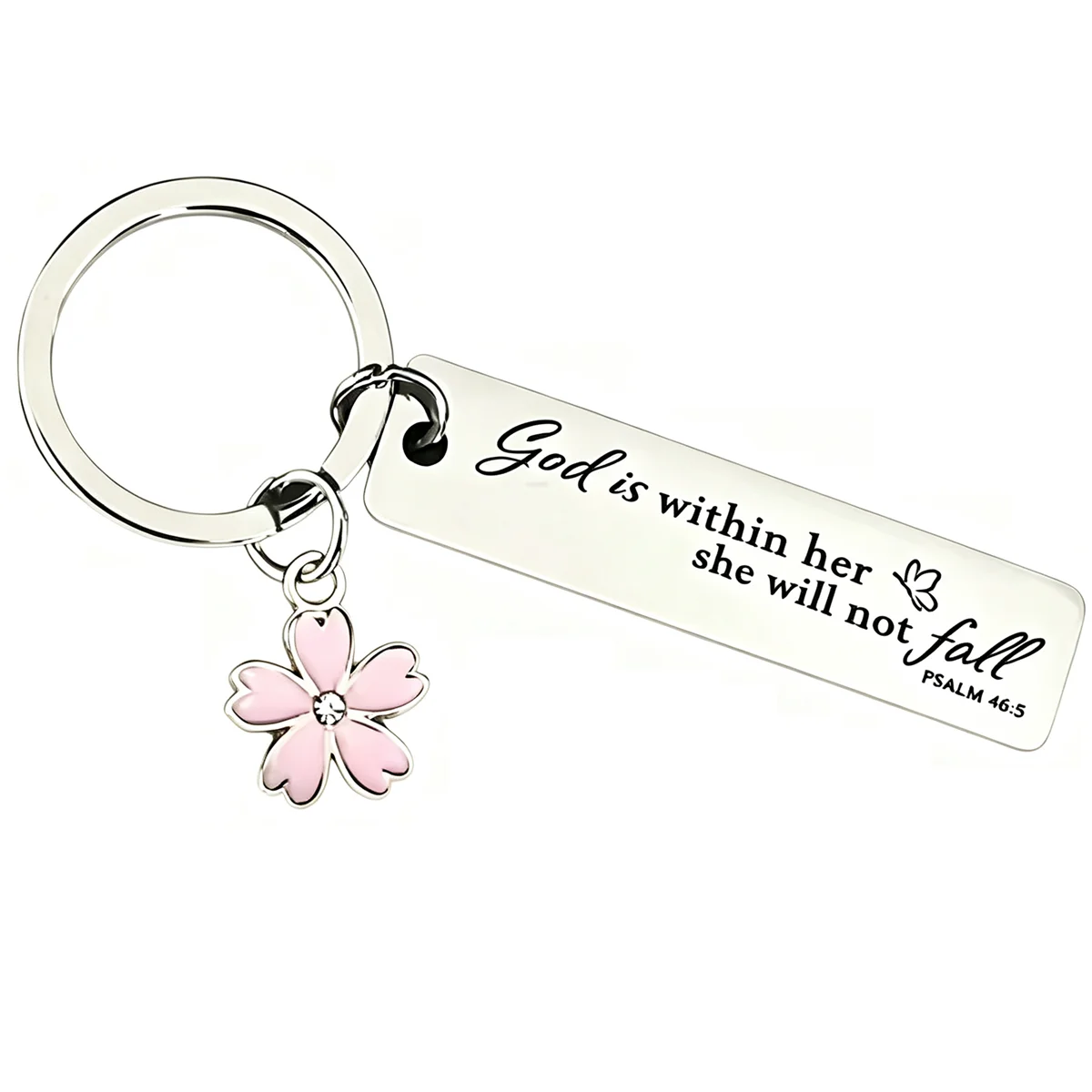 1Pc God Is Within Her She Will Not Fall Keychain Laser Engraved Psalm 46:5 Key Ring Pink Flower Charm Baptism Christian Gift