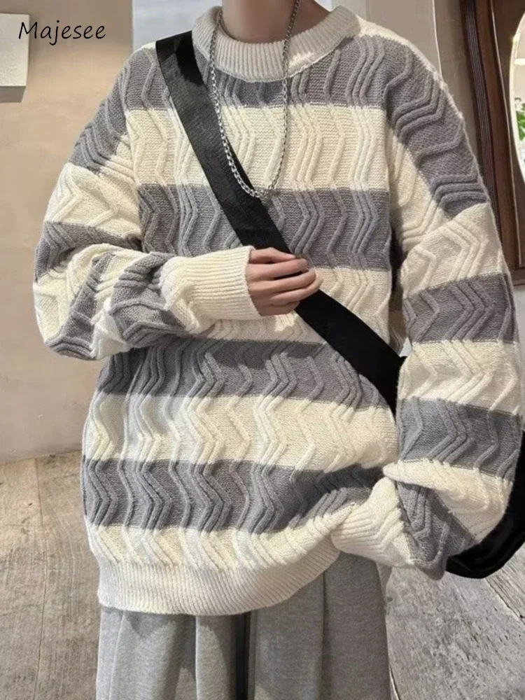 Striped Sweaters Men O-neck Slouchy All-math Teenagers Stylish Tender Japanese Style Harajuku Pullover Loose Contrast Color 2023