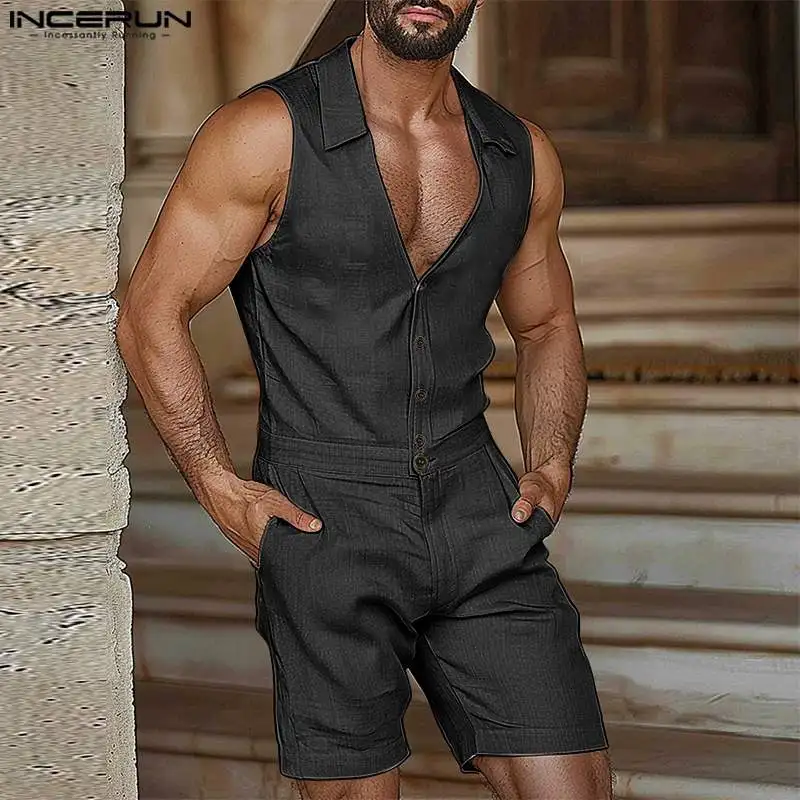 INCERUN Men Jumpsuits Solid Color V Neck Sleeveless Button Casual Rompers Men Streetwear Summer 2024 Fashion Male Overalls S-5XL