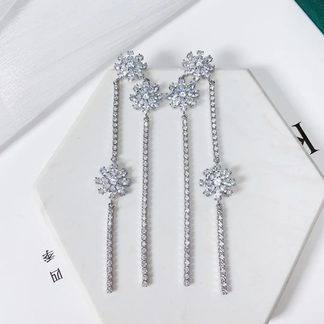 مجموعات مجوهرات بتصميم زهرة الأقحوان الوردي الأرجواني الزركون المختنق القلائد شرابة طويلة قلادة الأقراط للنساء #4