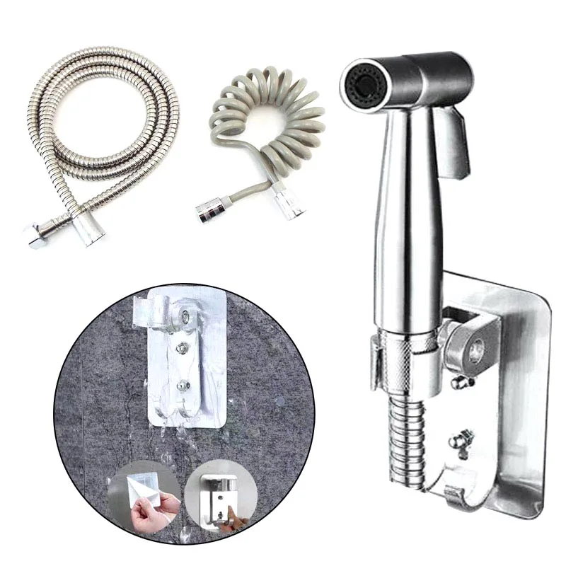Stainless Steel bidet sprayer set kit for Toilet metal Hand Bathroom shower head Handheld no drill wall holder self cleaning