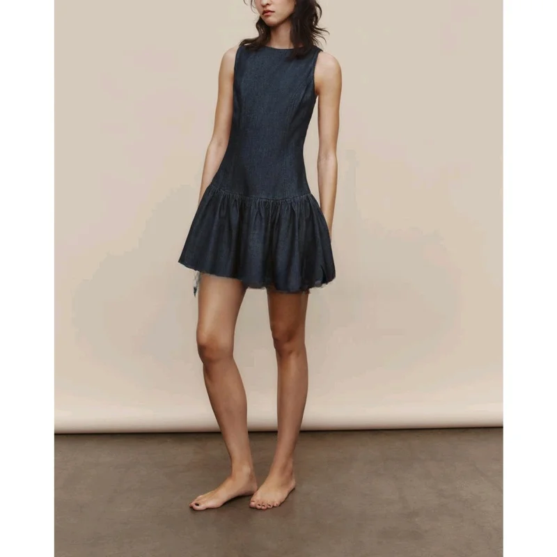 Summer New round Ne Svel ort Denim Effect Dr High Waist A-Line Skirt Polyester Fiber Commute Sle Single Piece