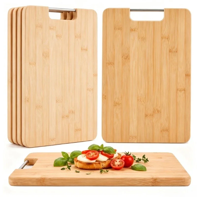 Image of 1/3er-Pack Schneidebretter aus natürlichem Bambus mit Metallgriff, dickes, wiederverwendbares Holzschneidebrett-Set für die Küchenzubereitung von Gemüse, Obst und Fleisch.