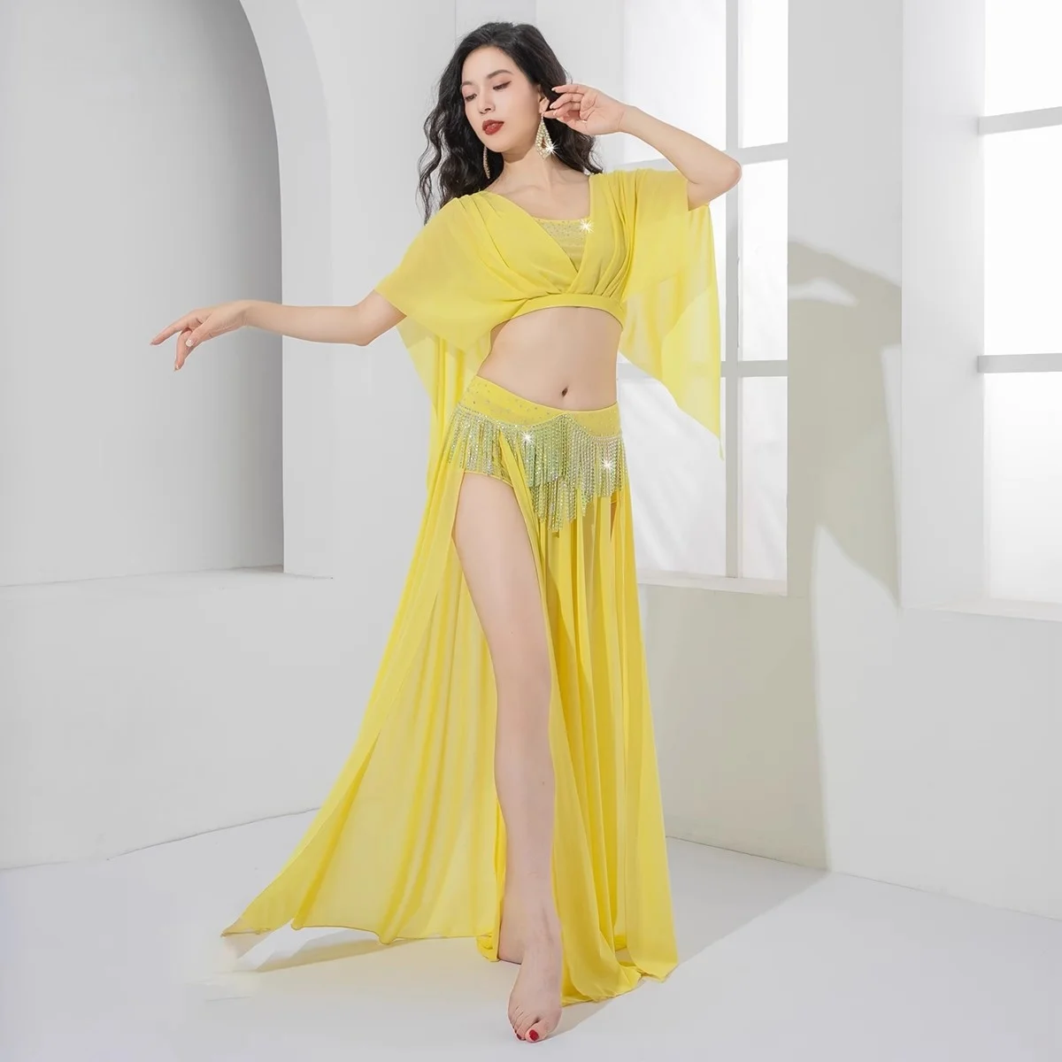 

Elegant Women Oriental Dance Outfit Group Belly Dance Costume Drilling Hot Stretch Milk Silk Girls Training Set Long Skirt