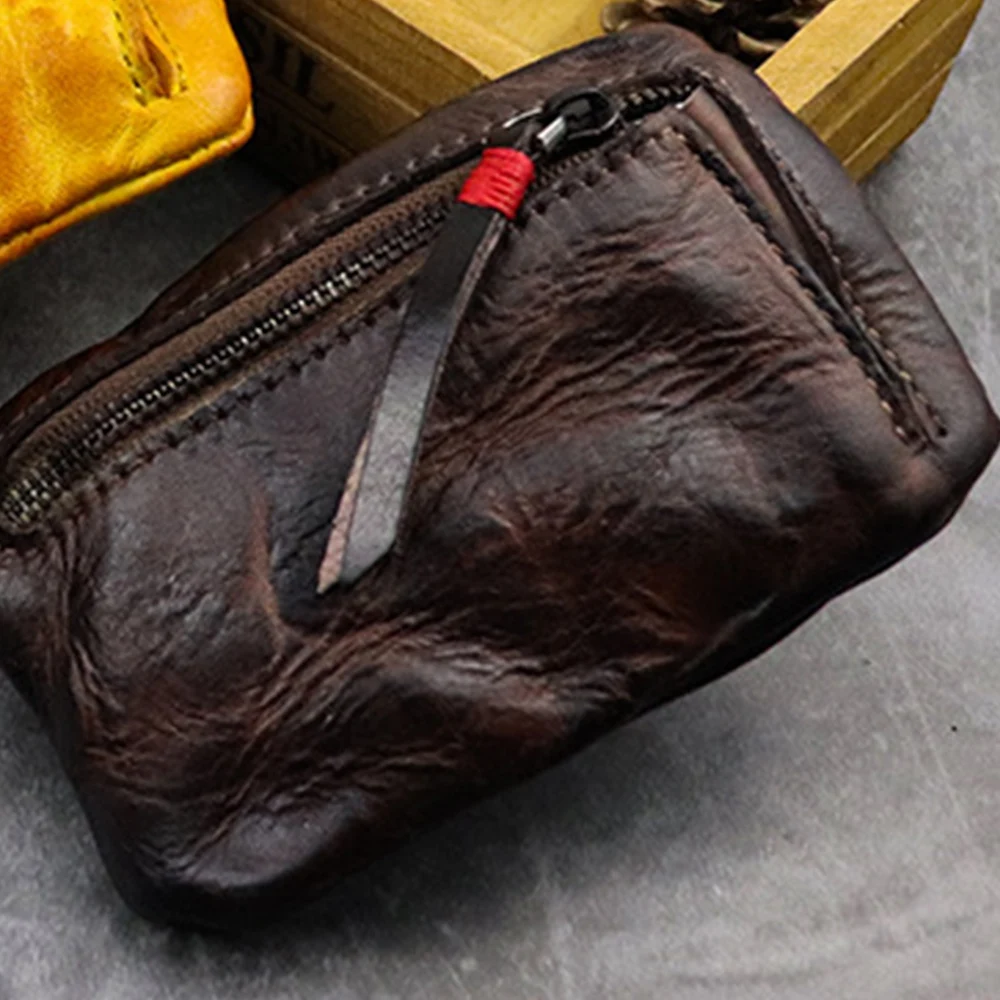 Vintage Men's Genuine Leather Mini Coin Purse Card Case Holder Wallet Clutch Male Short Zipper Small Change Bag