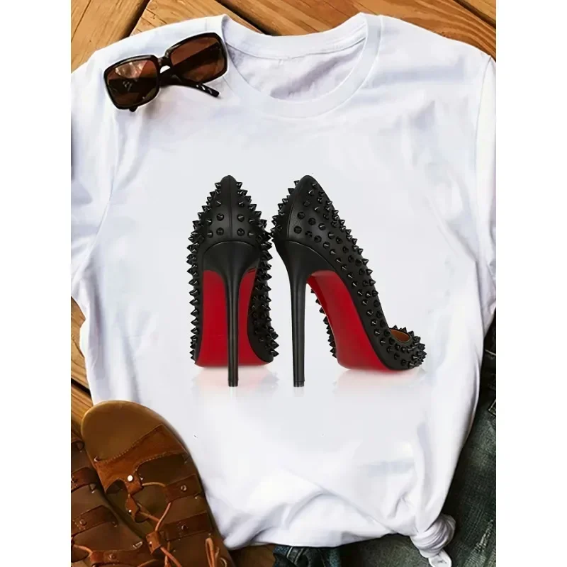 High Heeled Shoe Pattern Printed Round Neck T-shirt Elegant Short Sleeved Knitted T-shirt Summer Spray Painted Women's Clothing