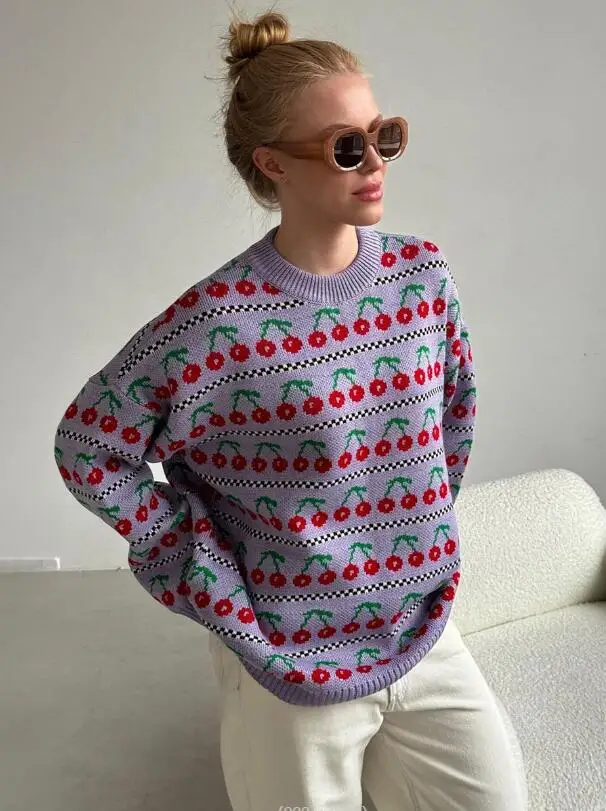 Women's Round Neck Cherry Printed Sweater Autumn Winter New Mid Length Fashion Top Retro Knitted Sweater Pullover p1331