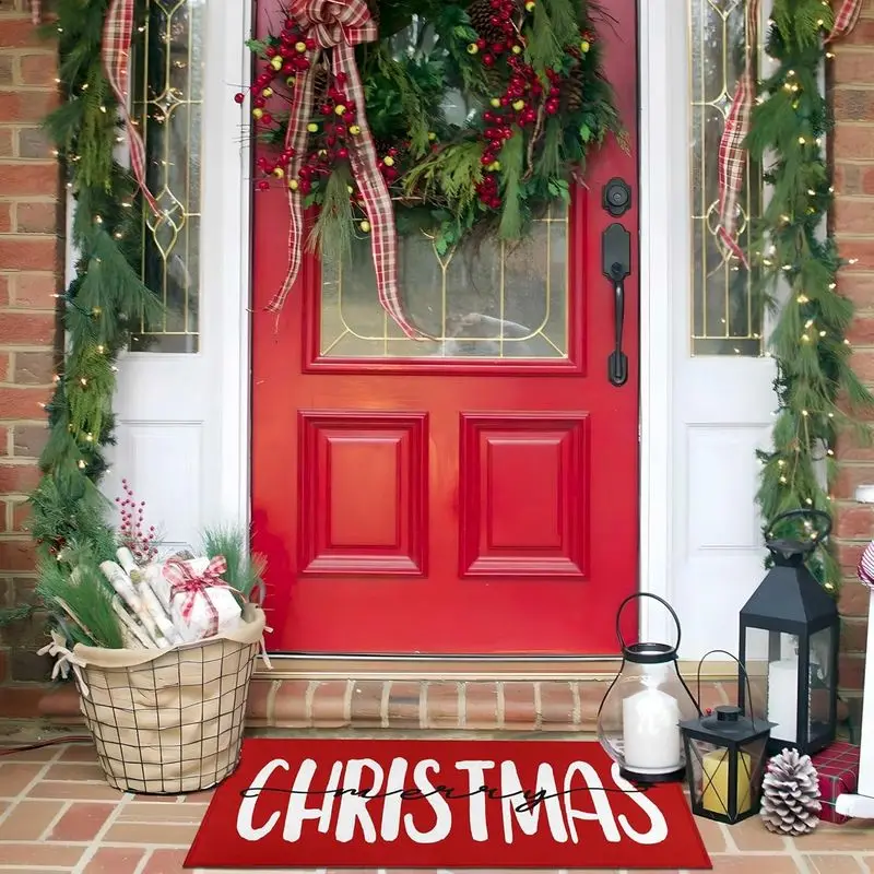 VIKAMA Christmas Door Mat Red Letter Non Slip Welcome Floor Rug For Entryway Front Door Porch Bedroom Xmas Holiday Decor