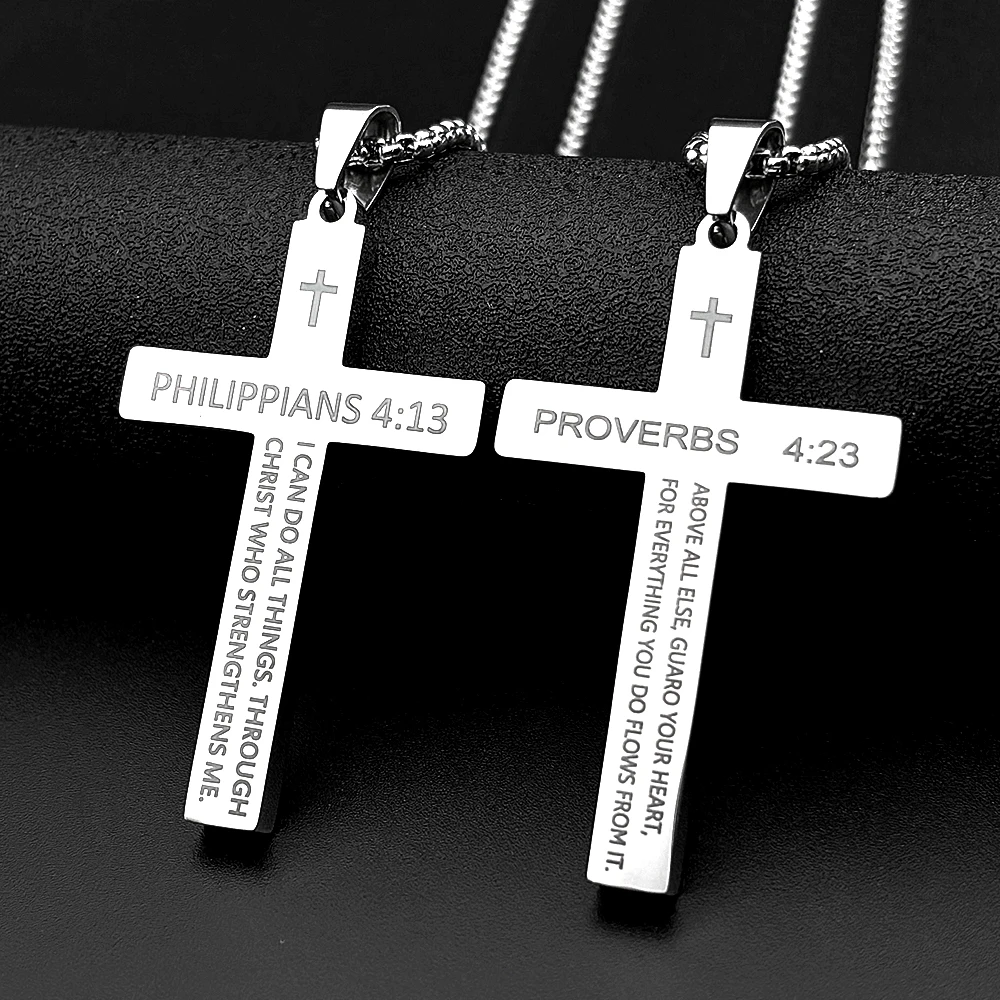 Christian Bible Verse Philippians 4:13 Proverbs 4:23 Cross Pendant Necklace Stainless Steel Silver Color Prayer Chain Jewelry
