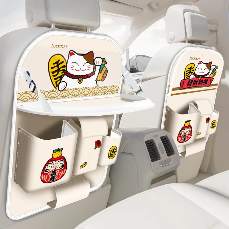 Fortune Cat Car Storage Bag Multi-Functional Seat Backrest Hanging Bag with Tableboard & Tissue Storage Car Interior Storage
