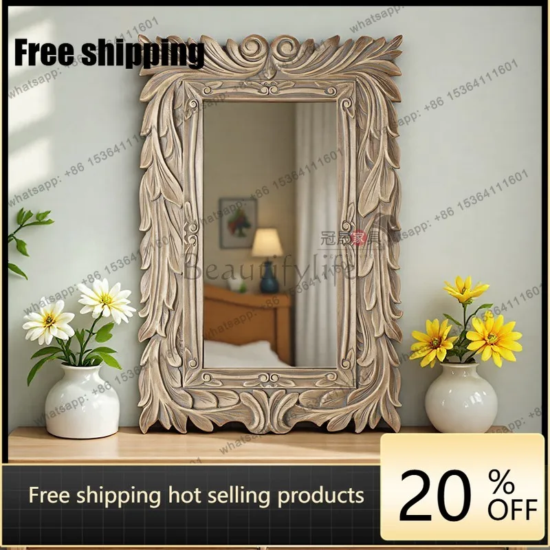 LJY retro French wall-mounted entrance decorative mirror medieval carved texture makeup mirror