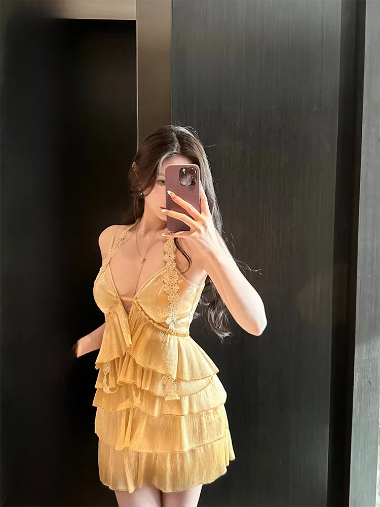 

Fay Original Heavyweight Yellow Ruffle Lace Sexy V-ne Strap Dr Women Summer Cake ort Skirt A-line Silhouette Zipper Cl...