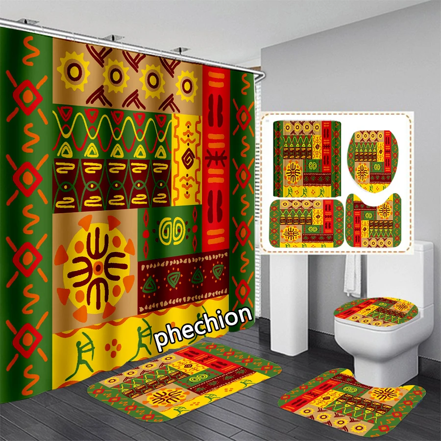 New 3D Print African  Art Shower Curtain Waterproof Bathroom Curtain Anti-slip Bath Mat Set Toilet Rugs Carpet VR80