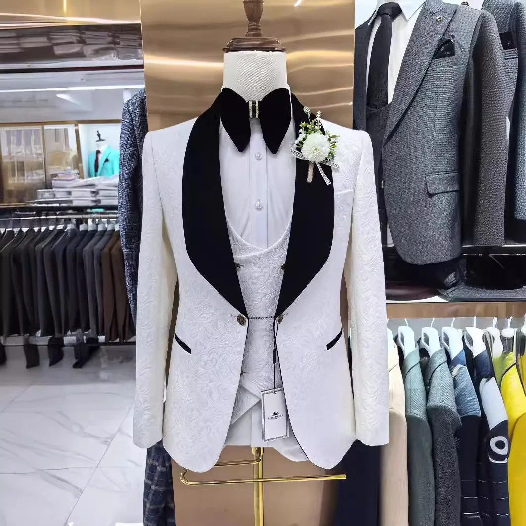 Thorndike Mens Wedding Suits White Jacquard with Black Satin Collar Tuxedo3 Pcs Groom Terno Suits for Men(Jacket+Vest+Pants) view 2