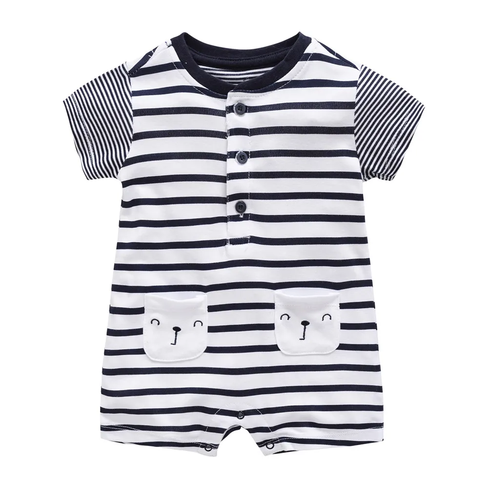 Infant Boys Rompers Summer Short Sleeve Jumpsuit For Newborn Baby Girls Summer Clothes Bamboo Cotton with Pockets Stripe Print