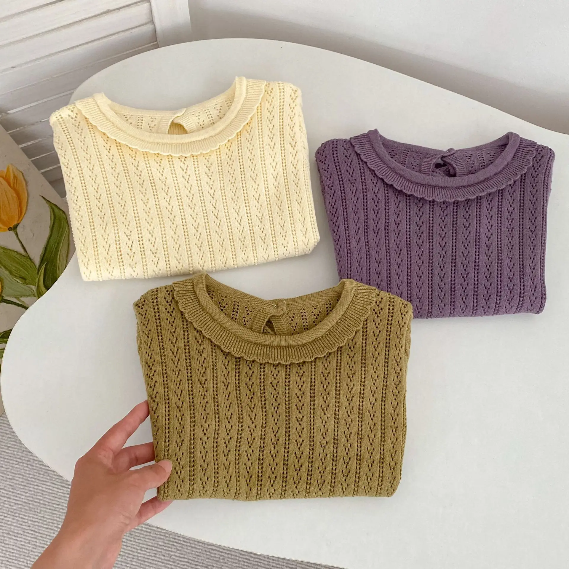 6M to 5 Years Summer Baby Girls Short Sleeve Pullover Sweater Kids Solid Color Knitted Hollow Out Pullover Tops Children Clothes