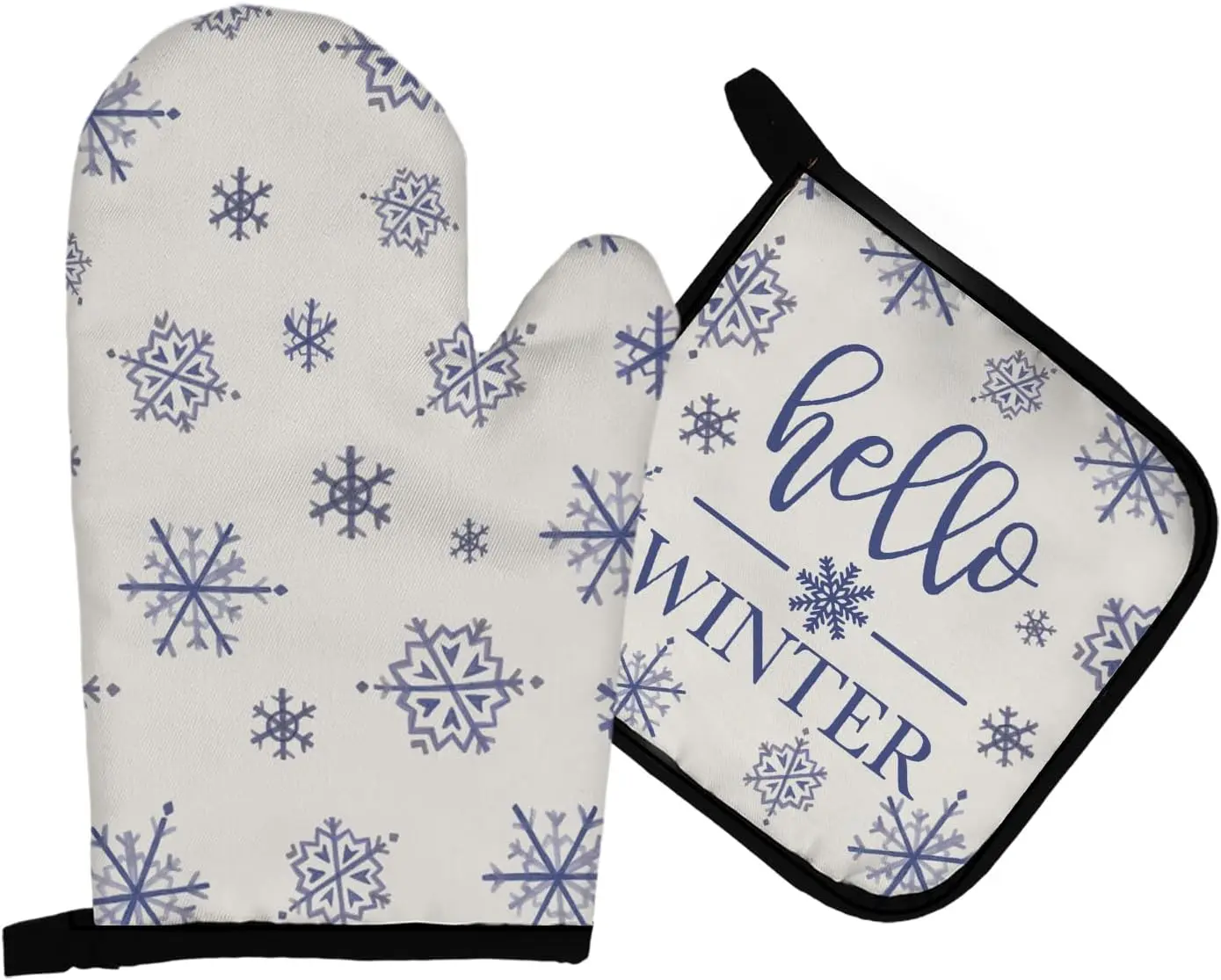 Hello Winter Oven Mitts and Pot Holders Sets, Snowflake Blue Christmas Heat Resistant Potholder Kitchen Decor for Cooking