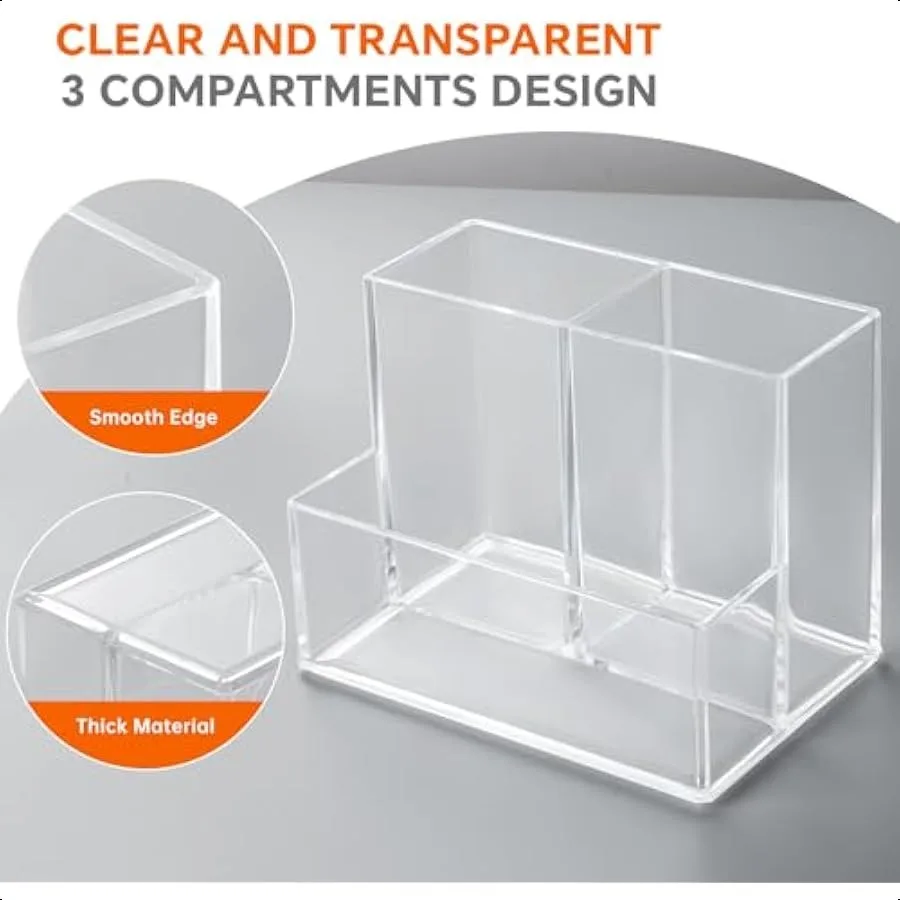 Держатель для ручек для стола Прозрачный акриловый держатель для карандашей для настольного маркера с 3 отделениями Органайзер для карандашей для домашнего офиса Cla