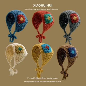 한국 새로운 복고풍 수제 레이스 업 니트 삼각형 머리 스카프 여성 가을 ​​겨울 따뜻한 귀마개 귀 보호기 양모 머리띠