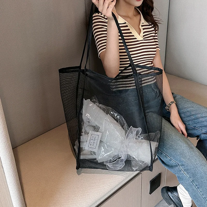 Casual Design Women's Handbag Mesh Hollow Out Beach Package Large Capacity Shoulder Shopping Totes Canvas Female Underarm Bag