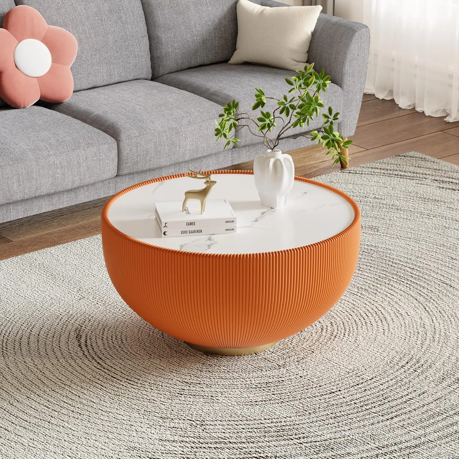 29.53" Orange Round Drum Coffee Table - Sintered Stone Tabletop, Fluted PU Leather Cover & Metal Base,