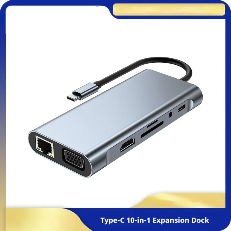 10-in-1 Type-C Docking Station, 4K, 100Mbps Ethernet, VGA, USB Hub Splitter for Laptop