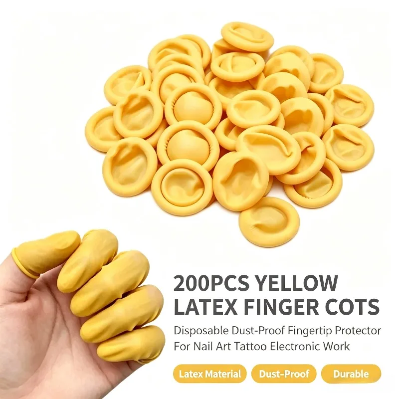 200Pcs Yellow Latex Disposable Finger Cots, Dust‑Proof Durable Fingertip Protector for Nail Art, Tattoo & Electronic Repair Work
